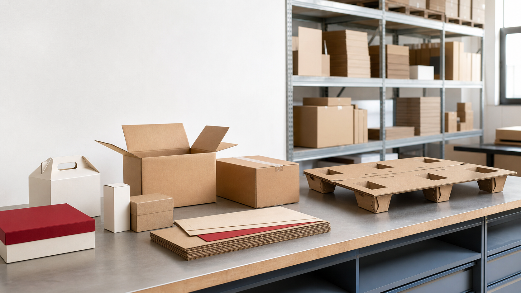 Verpackungen aus Wellpappe und Vollpappe mit CONE PAL Wellpapp-Palette auf einem Arbeitstisch