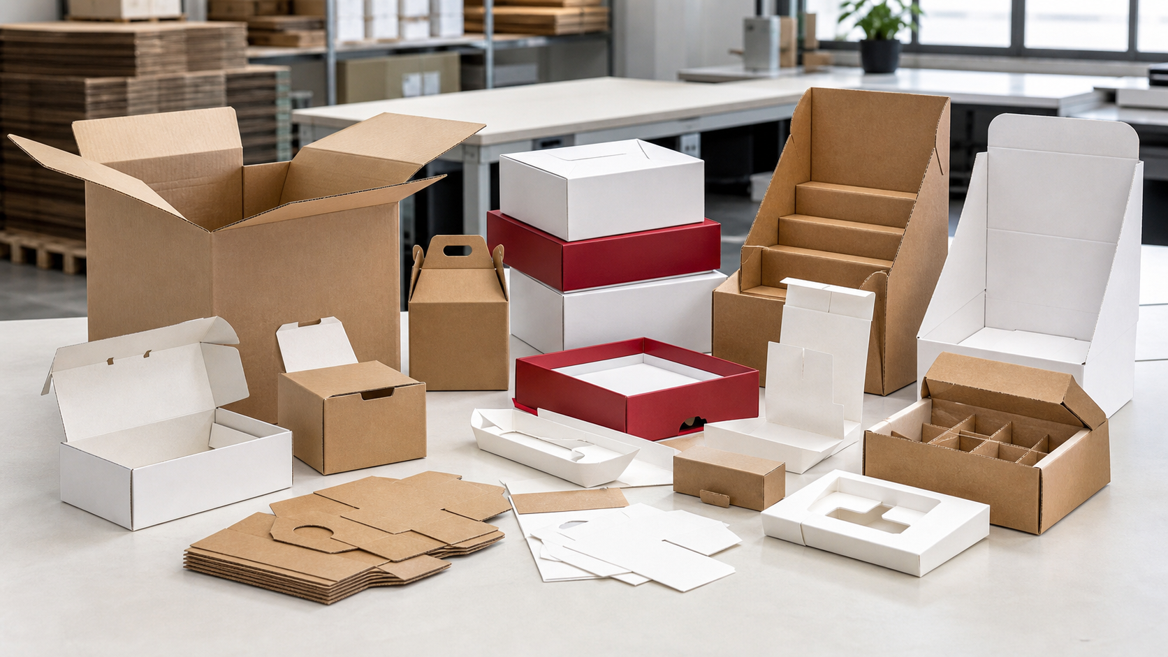 Sortiment aus Transportverpackungen, Vollpappkartons, Displays und Verpackungsmustern